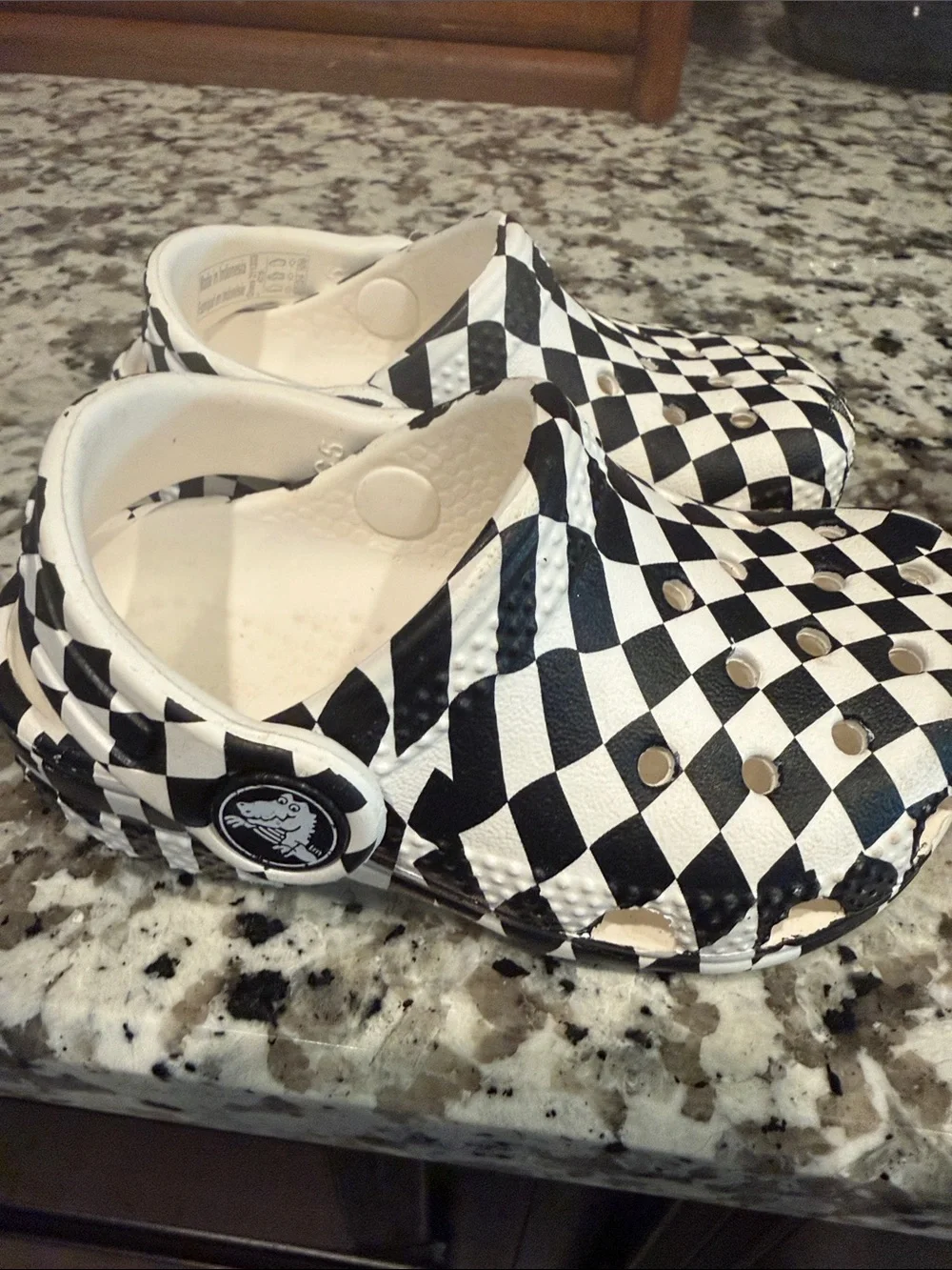CROCS Toddler Black and White Checkered Clogs with Heel Strap